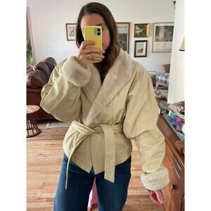Vintage 80s Cream Cropped Leather Jacket Sherpa Trim